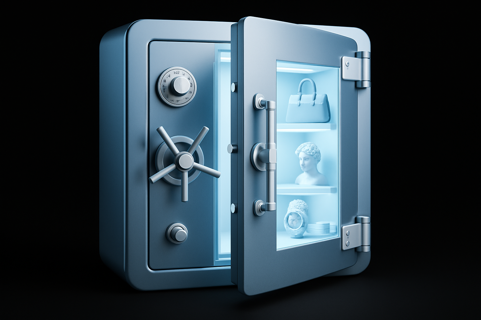 Black background with teal blue and white vault